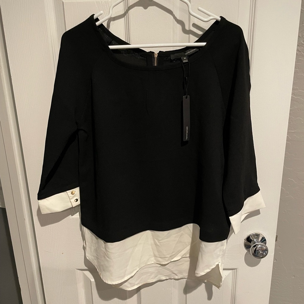 Herve Bernard Black & White blouse with gold zipper &  button detail on sleeves